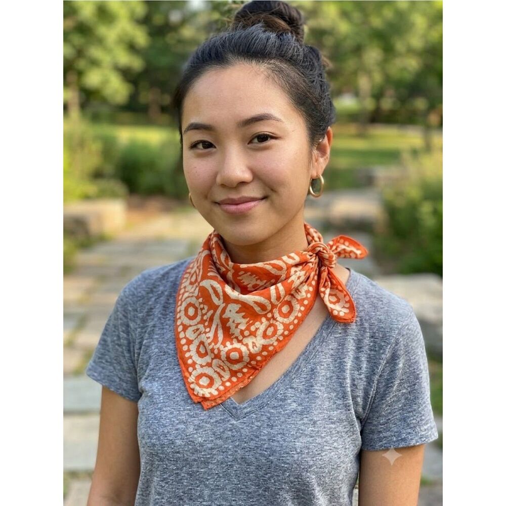 Orange and White Batik Patterned Silk Scarf Made in India